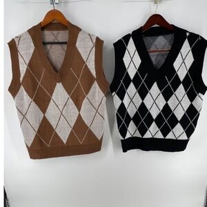 Bundle-2 Argyle Sweater Vests Women 1XL Brown Black Academia Preppy Classic